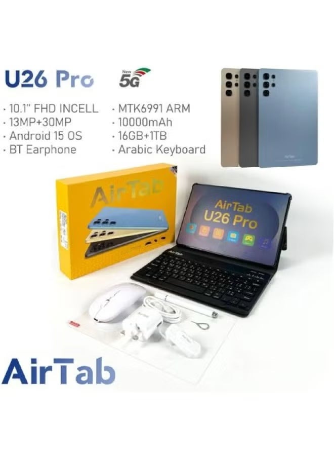 AIR TAB U26 PRO Smart Tablet Android 15 | 10.1-Inch FHD Incell Display | 16GB RAM + 1TB ROM | 13MP + 30MP Camera | 10000mAh Battery | 5G Tablet with Keyboard, Mouse & BT Earphone Gold - Image 2